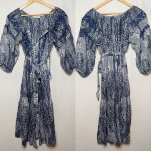 Ana Camila Dress Blue White Abstract Print Maxi Tassel Tie Waist Boho XL